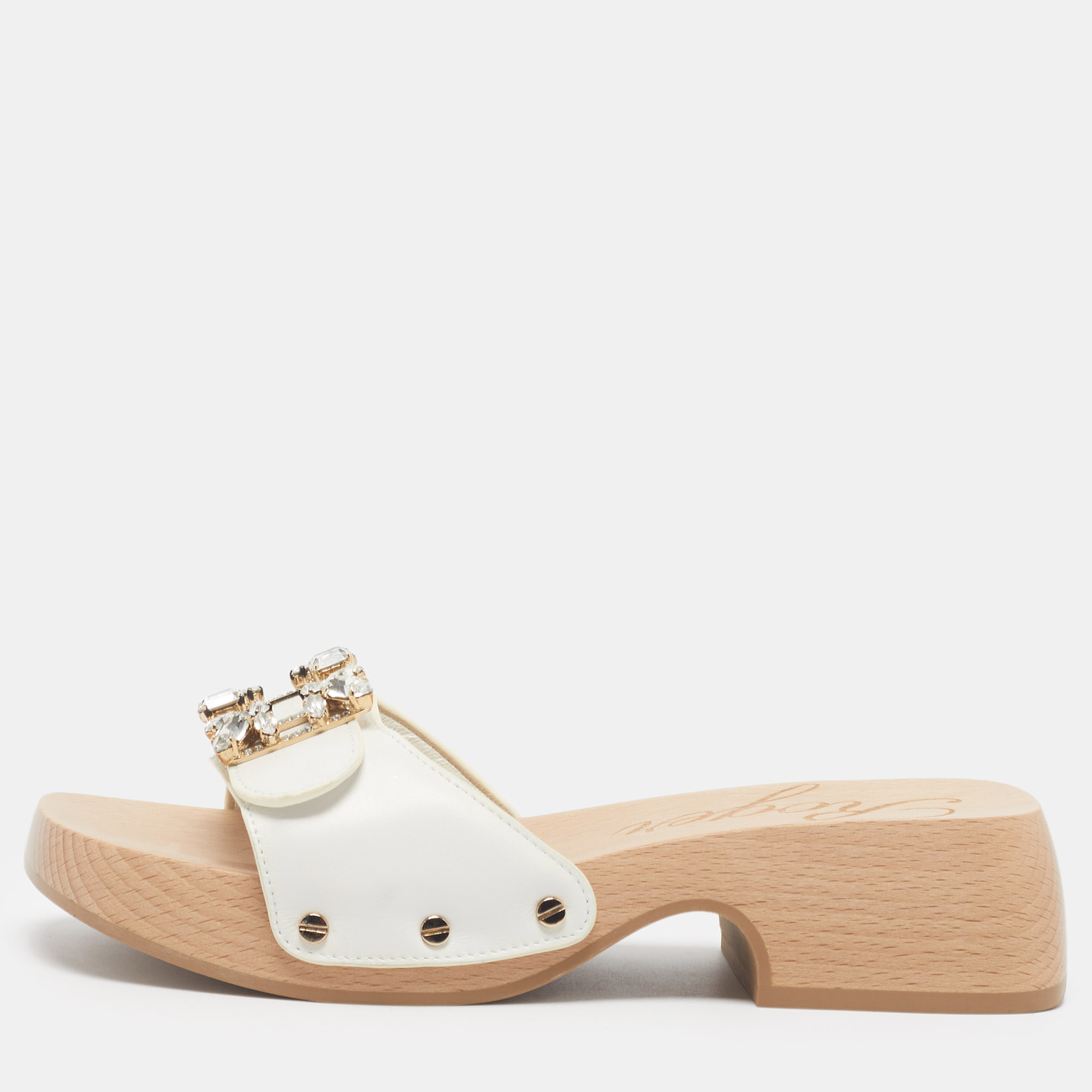Roger Vivier Viv 35 White Leather Crystal Embellished Clog
