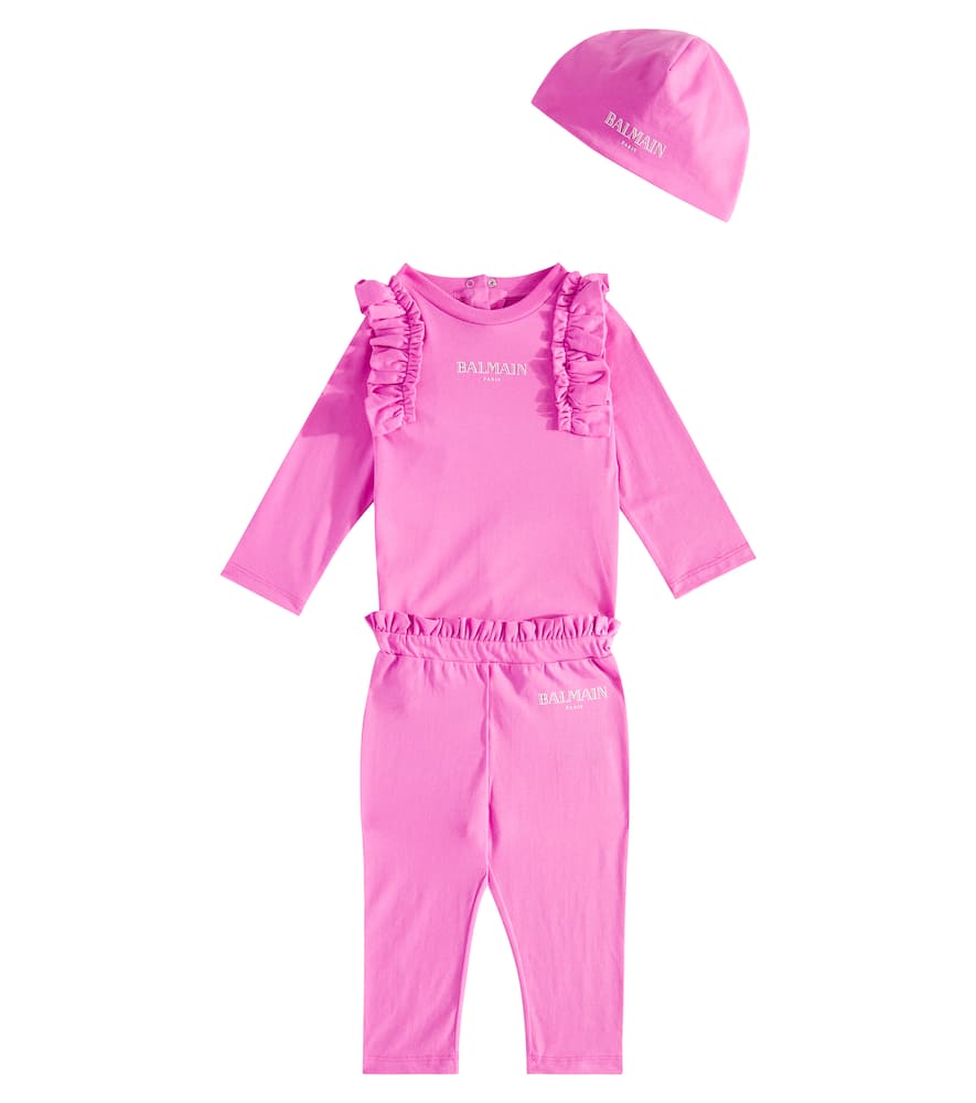Balmain Kids Baby cotton bodysuit, pants and hat set