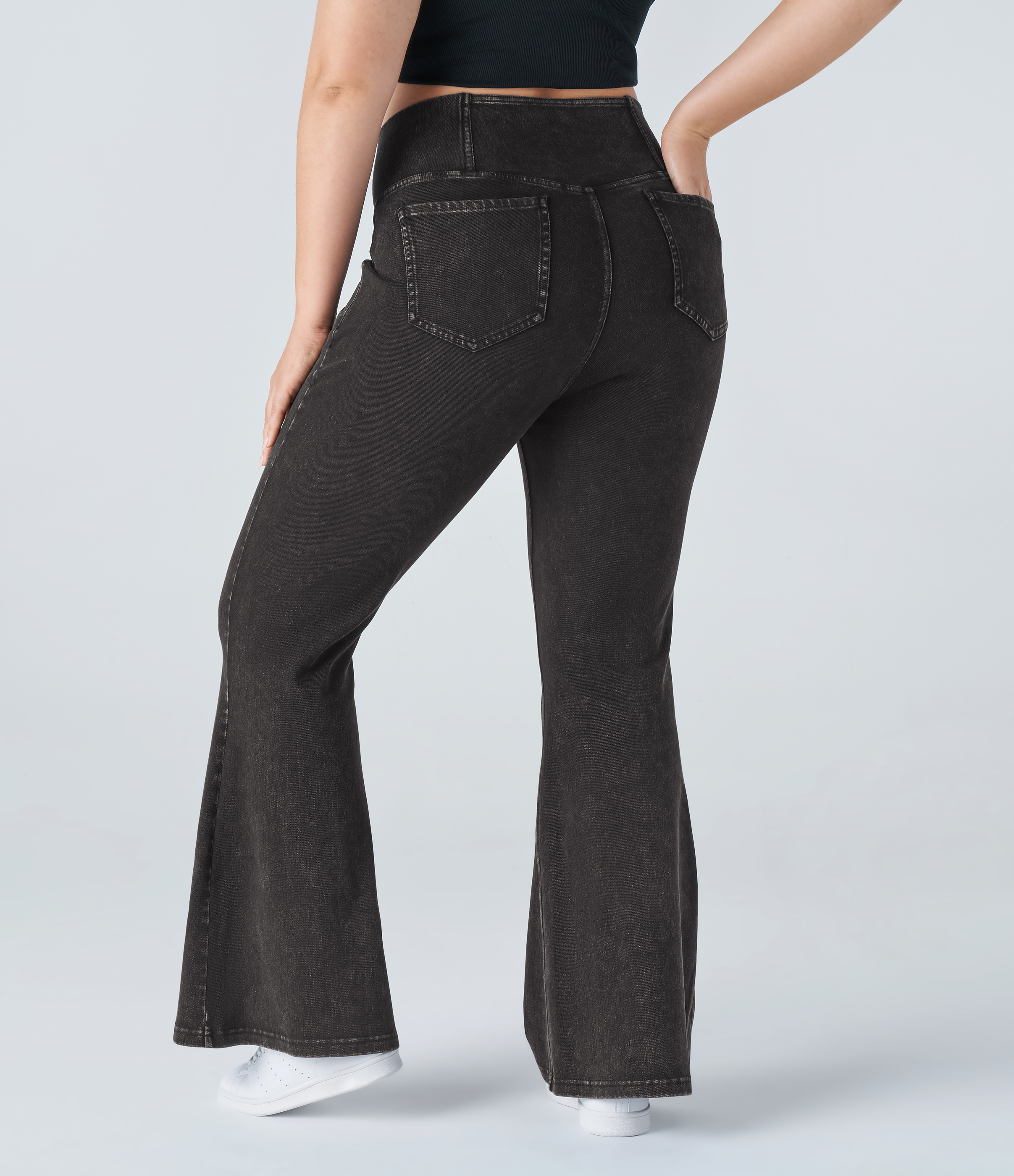 Flex™ High Waisted Crossover Pocket Washed Casual Plus Size Jeans  - Hemp Rope Black Denim