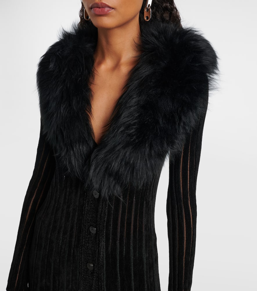 Shearling-trimmed striped maxi dress