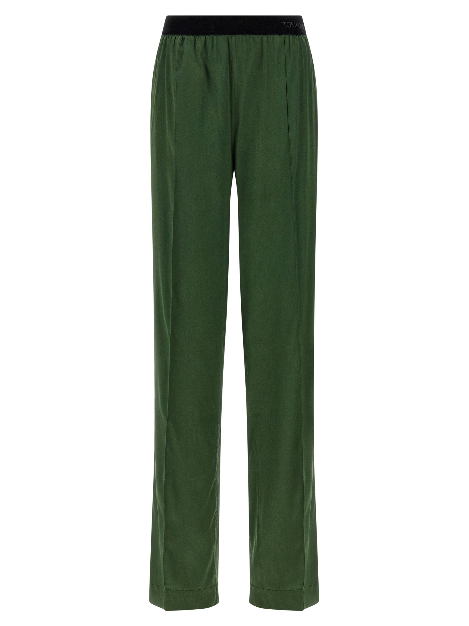 Silk Satin with Velvet Logo Waistband Trousers — Green