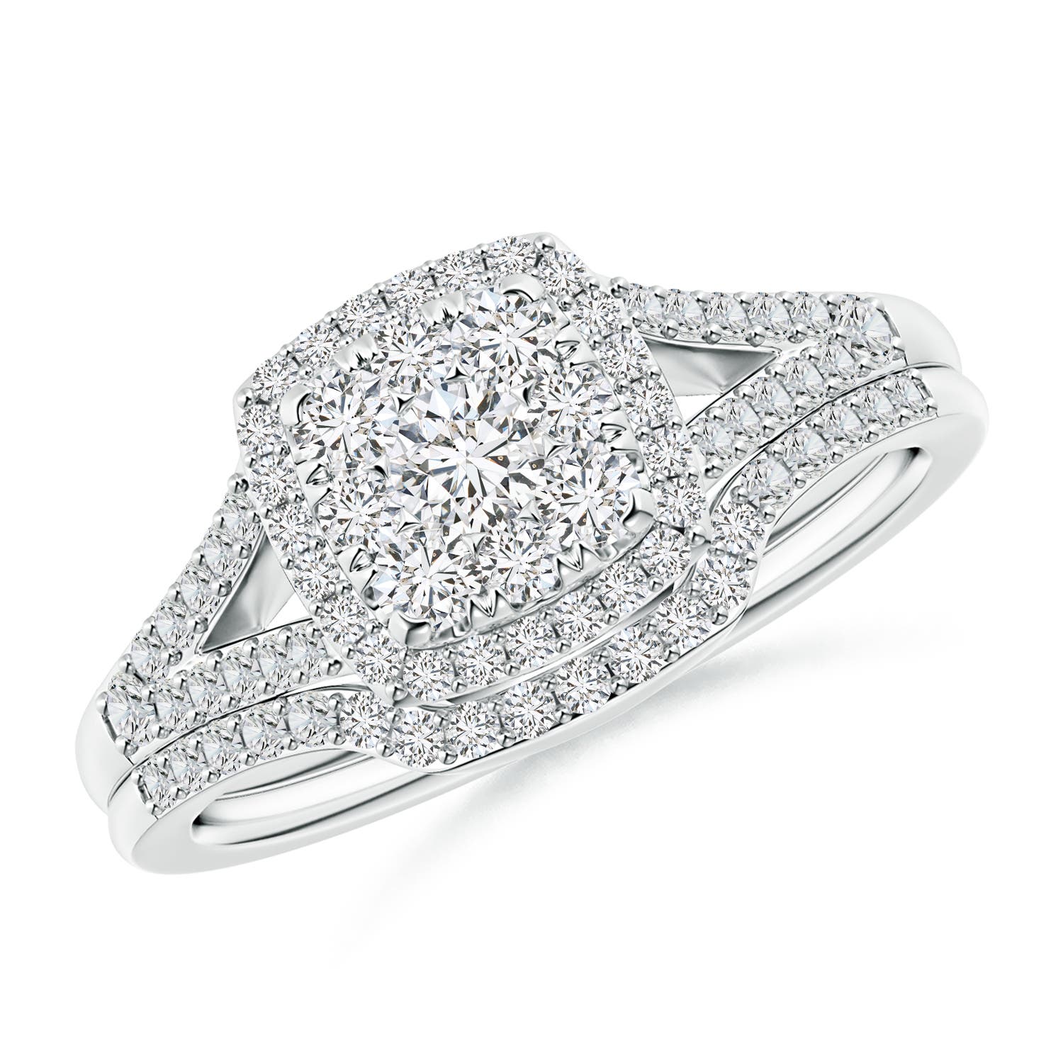 Angara 0.87 Carat Cushion Composite Diamond Halo Split Shank Bridal Set in Platinum