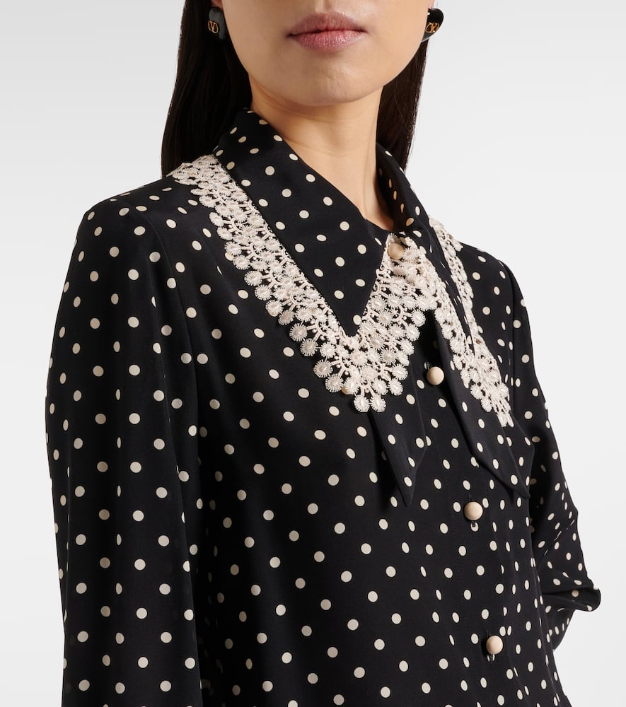 Polka-dot lace-trimmed silk shirt dress
