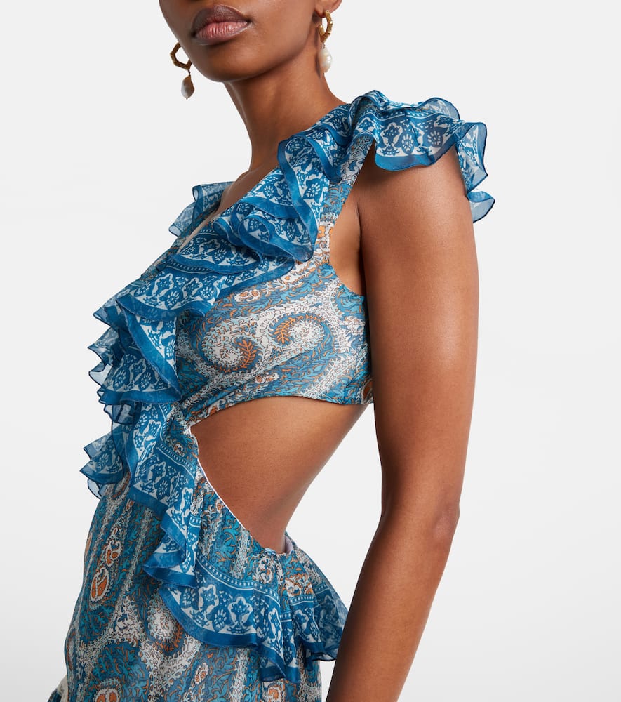 Paisley lace-trimmed ruffled silk maxi dress