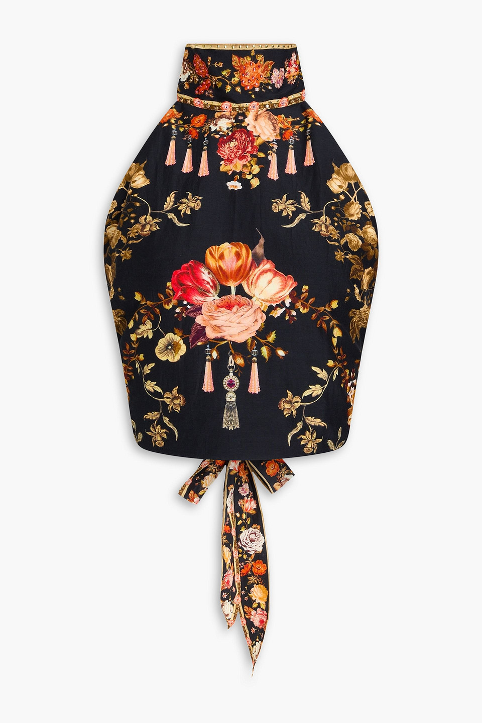 Embellished floral-print cotton and silk-blend halterneck top - Black - XL/XXL