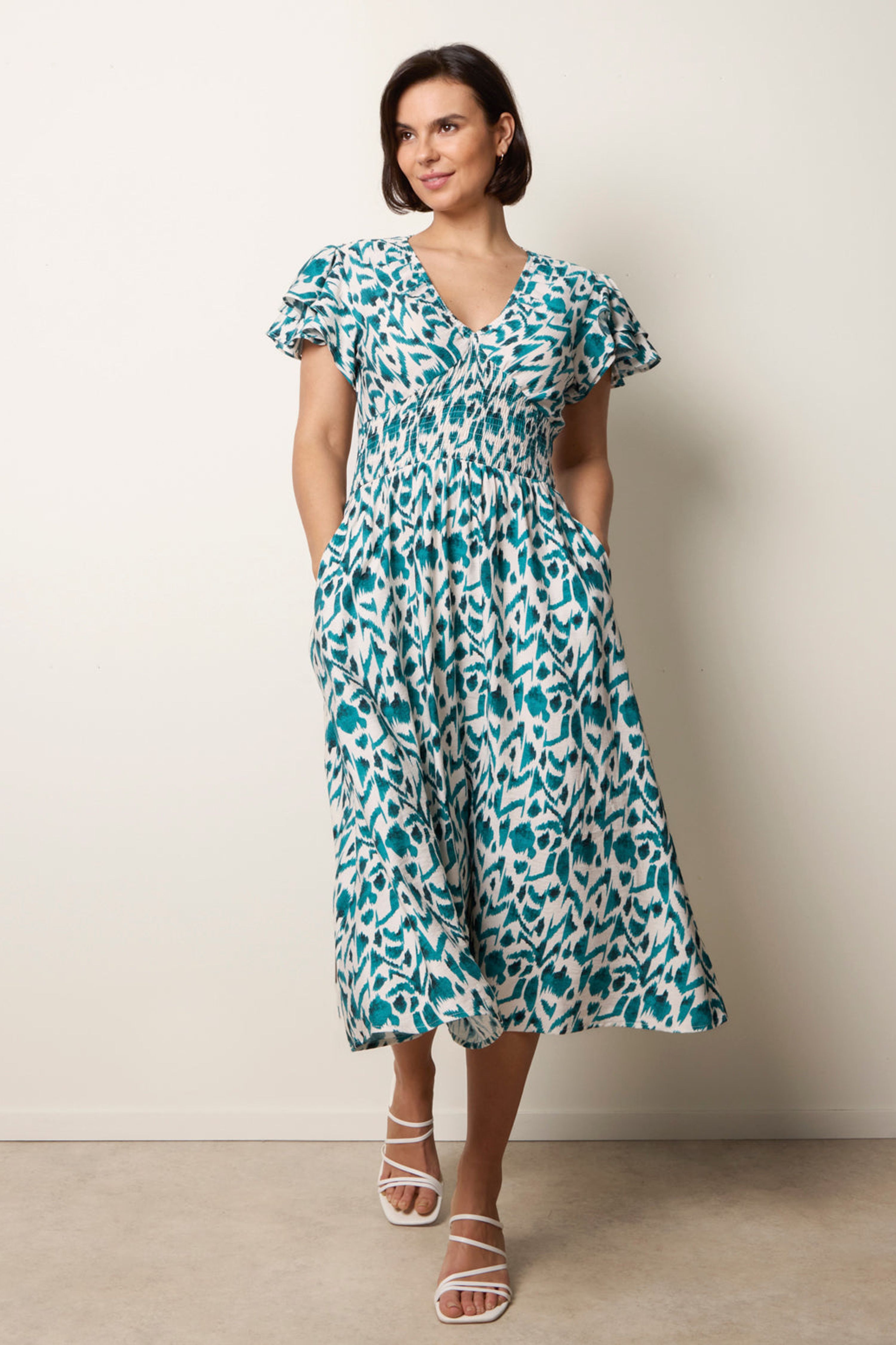 Blue Vanilla Women's Shirred Waist Teal Short Sleeve Slip On V-neck Midi Dress | : Sma