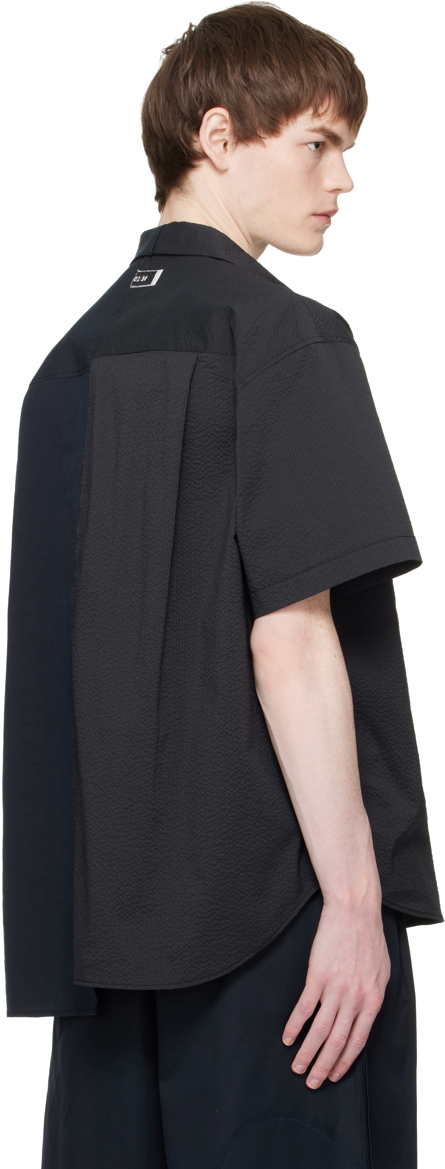Navy Split Short Sleeve Seersucker Shirt