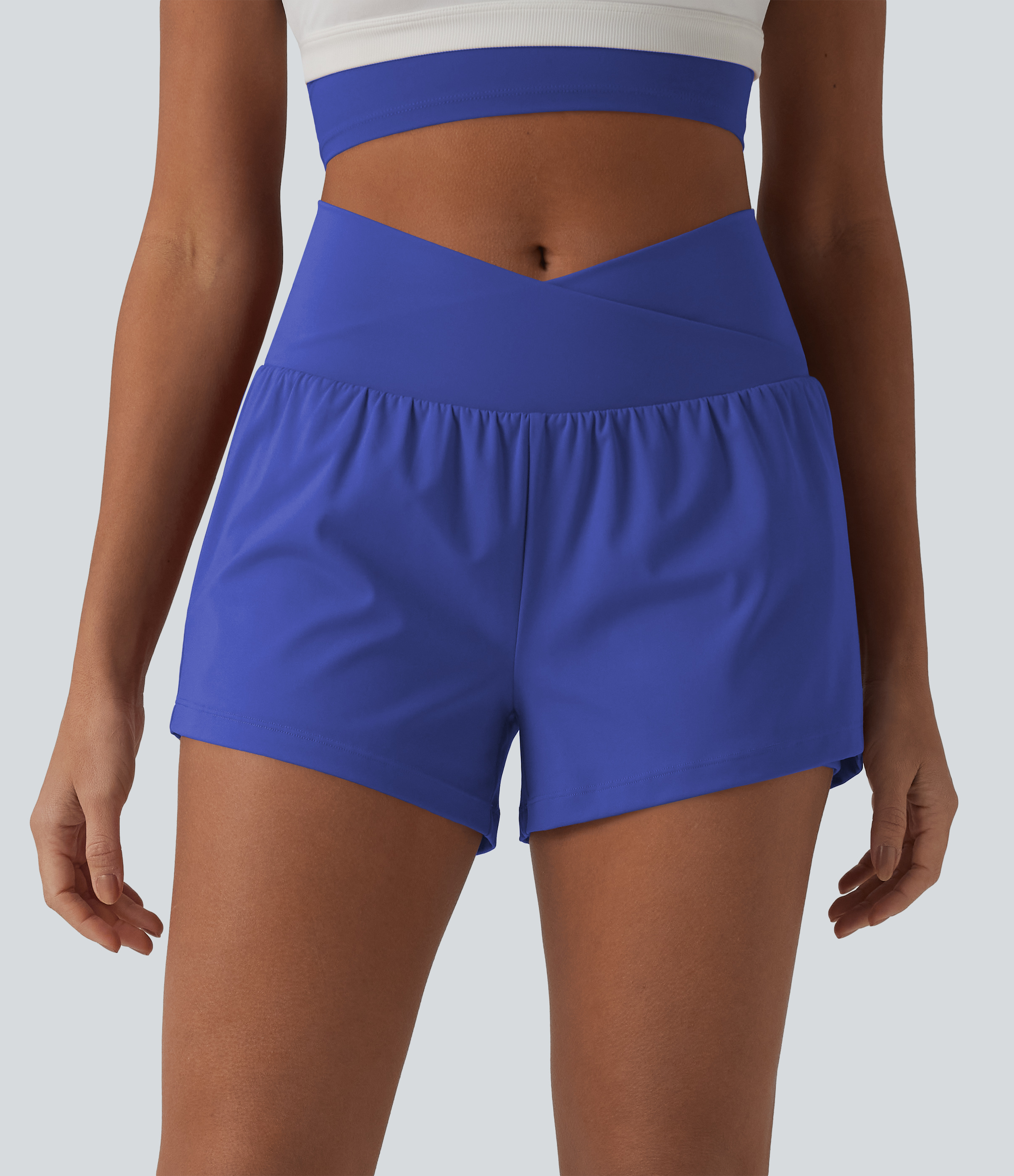 SoftlyZero™ Airy Crossover High Waisted 2-in-1 Cool Touch Yoga Shorts 3'' with Pockets - Aster Blue