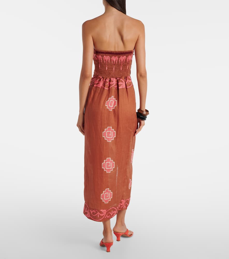Embroidered smocked linen midi dress