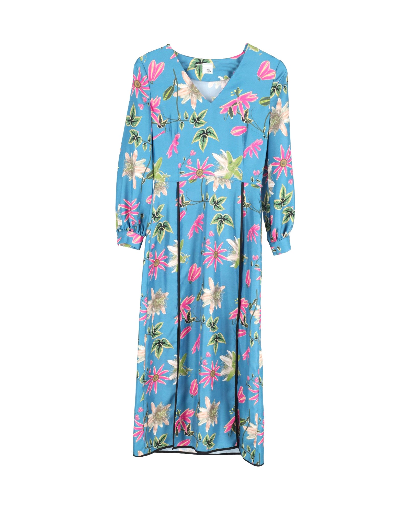 Floral Midi Dress in Blue Silk