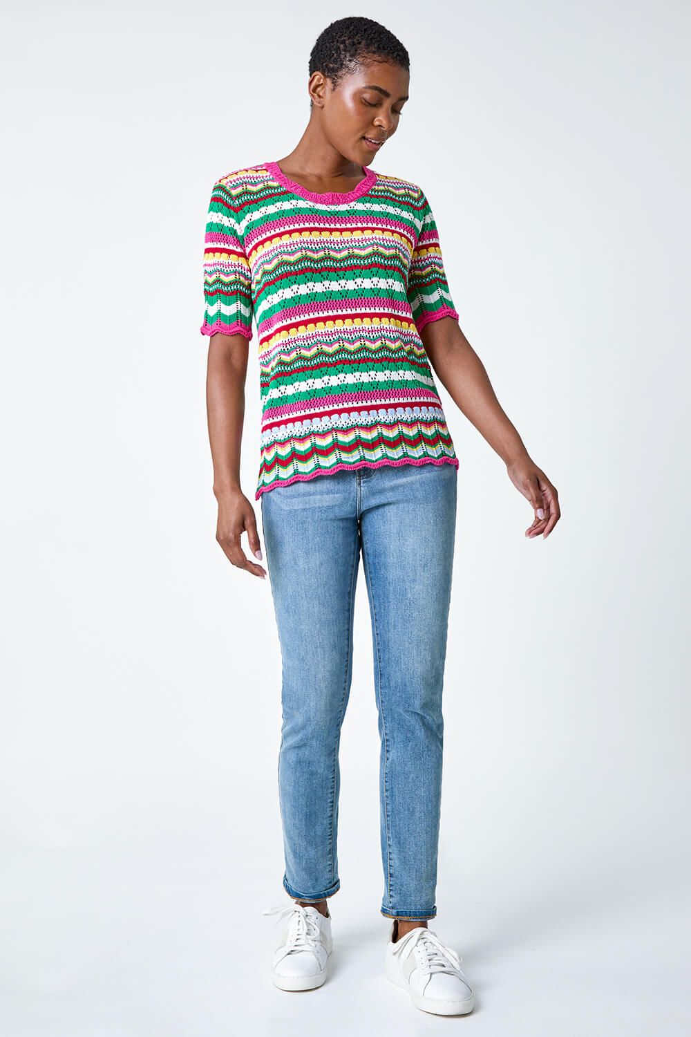 Roman Wave Print Knitted Cotton Top In Pink