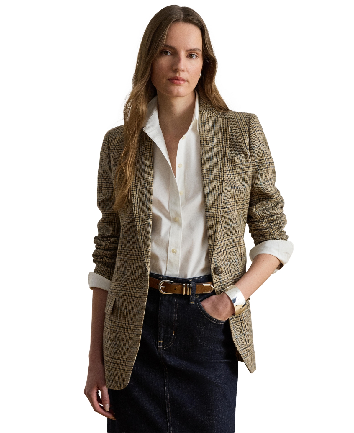 Women's Glen Plaid Padded Blazer - Tan/black Multi