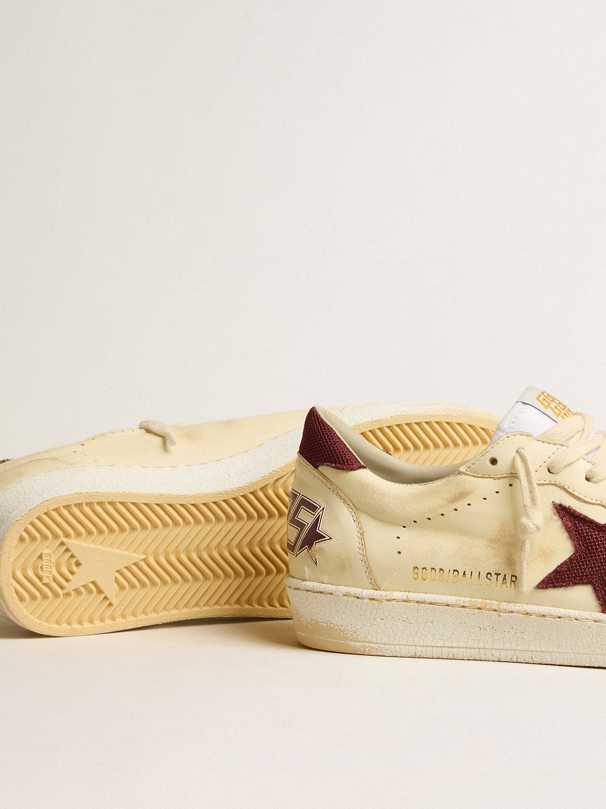 Golden Goose - Men's Ball Star In Beige Nappa With Burgundy Mesh Star And Heel Tab, Man