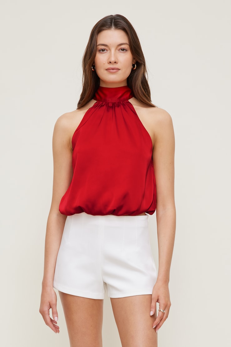 Paloma Bubble Satin Halter Blouse - Red - Women Clothing