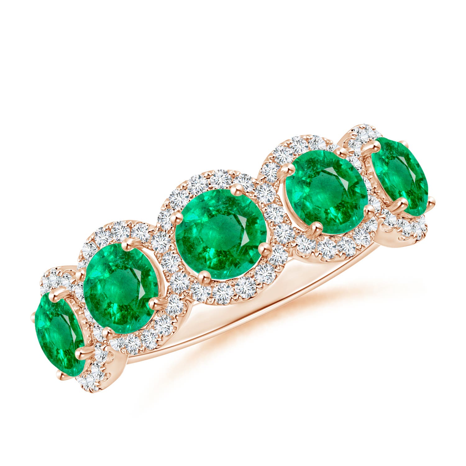 Angara 1.75 Carats Half Eternity Five-Stone Emerald Halo Ring in 14K Rose Gold