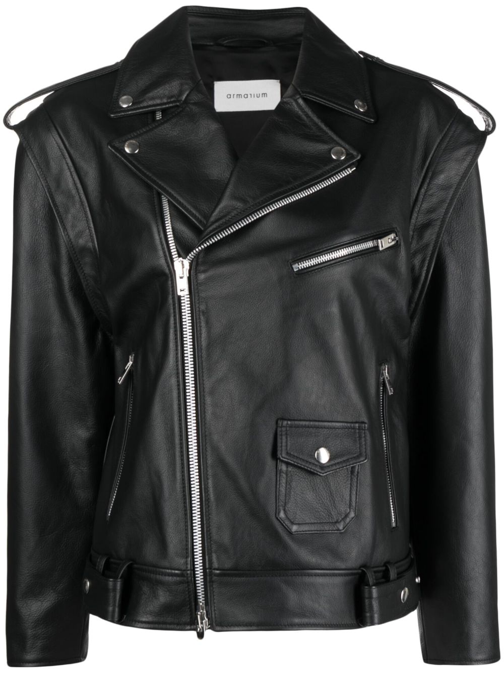 Off-centre zip leather jacket - Black