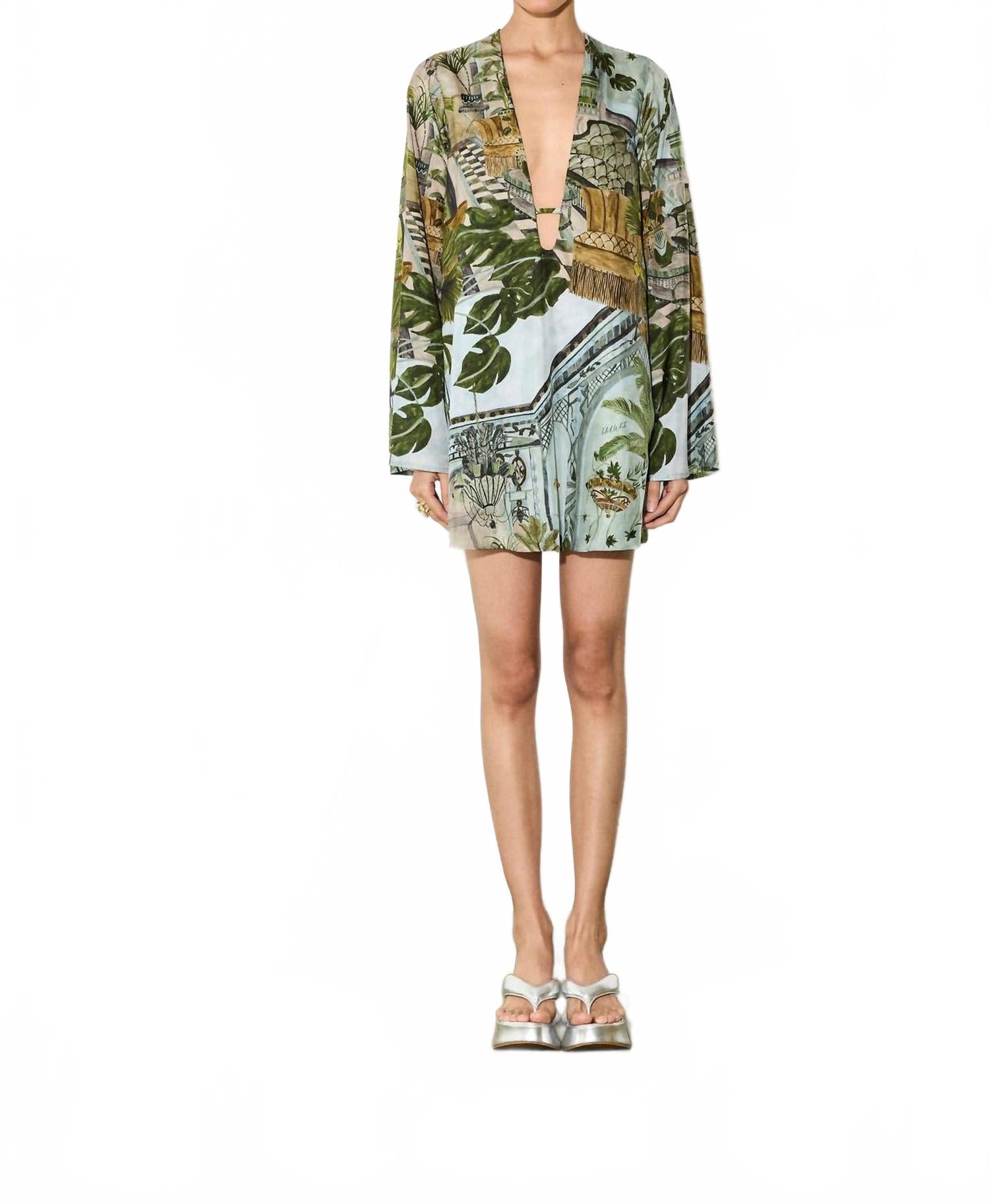 Lori Silk Deep V-Neck Tunic Mini Dress In Mezzanine