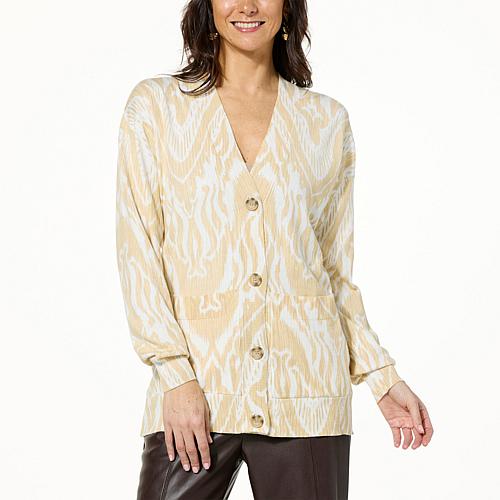 Kathy ireland® Fashion 360 Maxima Printed Ikat Cardigan - Wheat/Ivory
