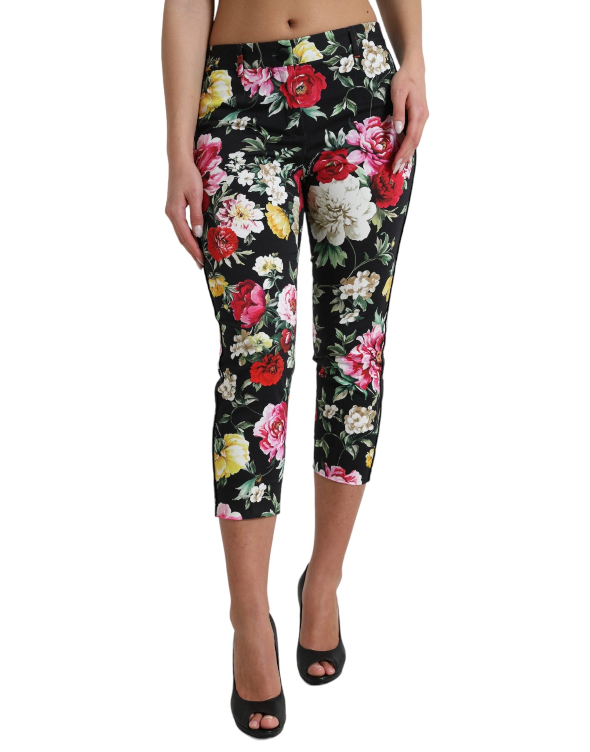 Floral-Print Cotton Cropped Pants — Black
