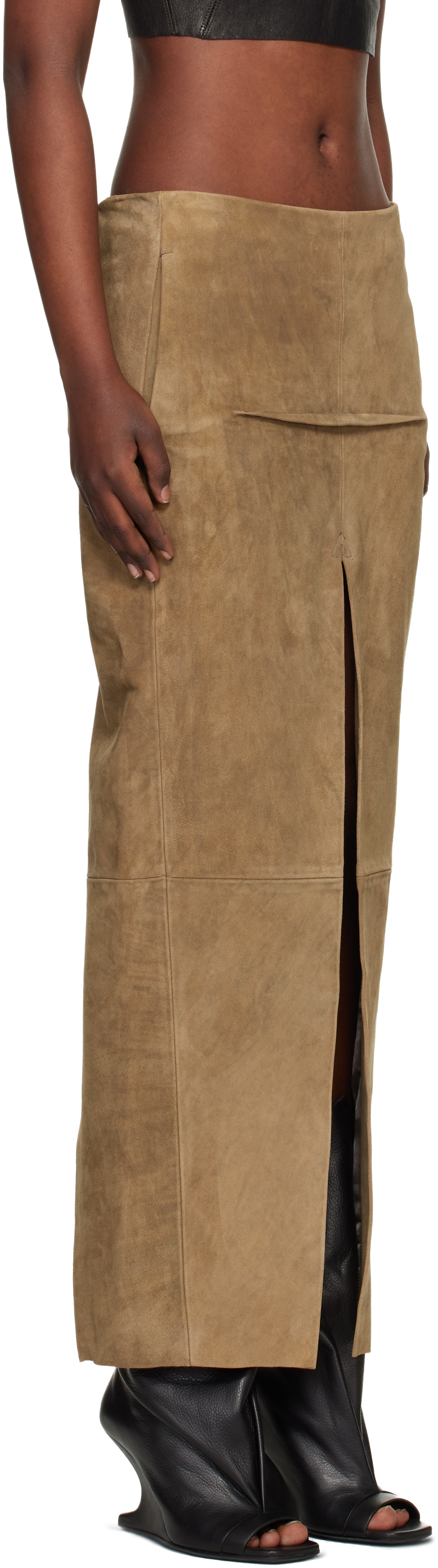 Tan Temple Sliced Suede Midi Skirt