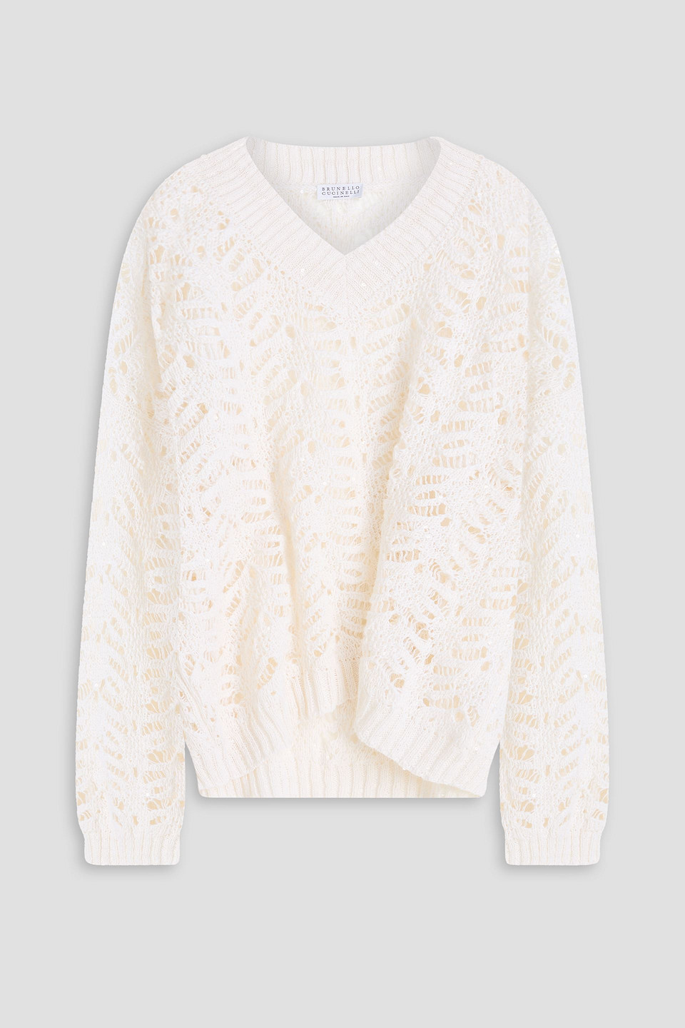 Sequin-embellished open-knit linen-blend sweater - White - XXL
