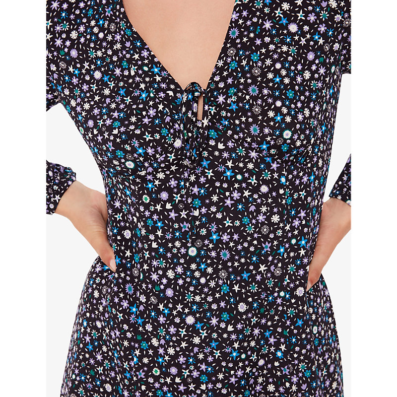 Womens Black/White/Blue Painted Garden Floral-print Woven Mini Dress