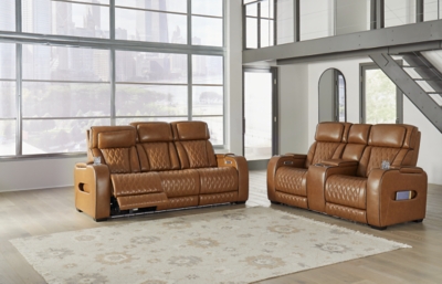 Boyington Triple Power Leather Reclining Sofa and Loveseat Set, Caramel