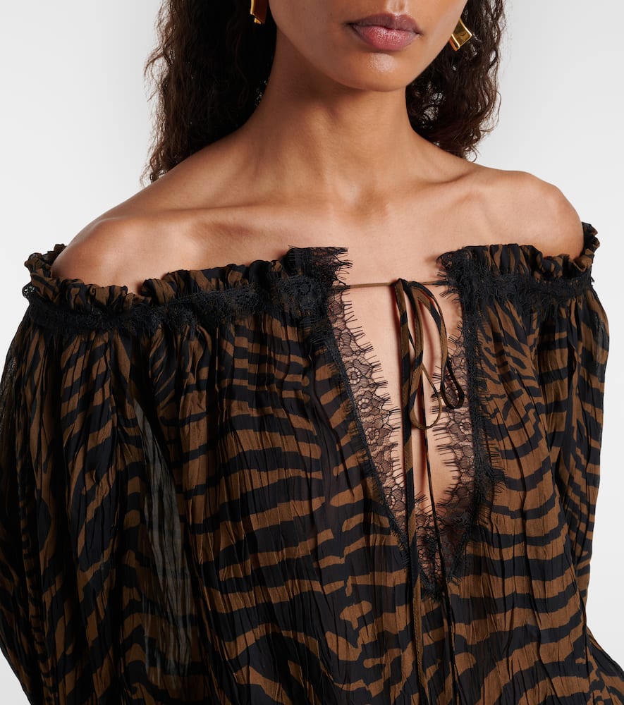 Lace-trimmed zebra-print chiffon top