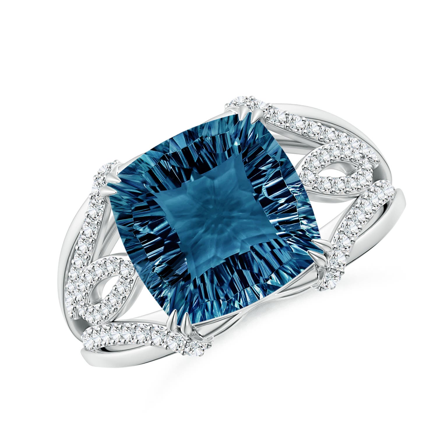 Angara 4.2 Carats Cushion London Blue Topaz Wave Shank Cocktail Ring in Platinum