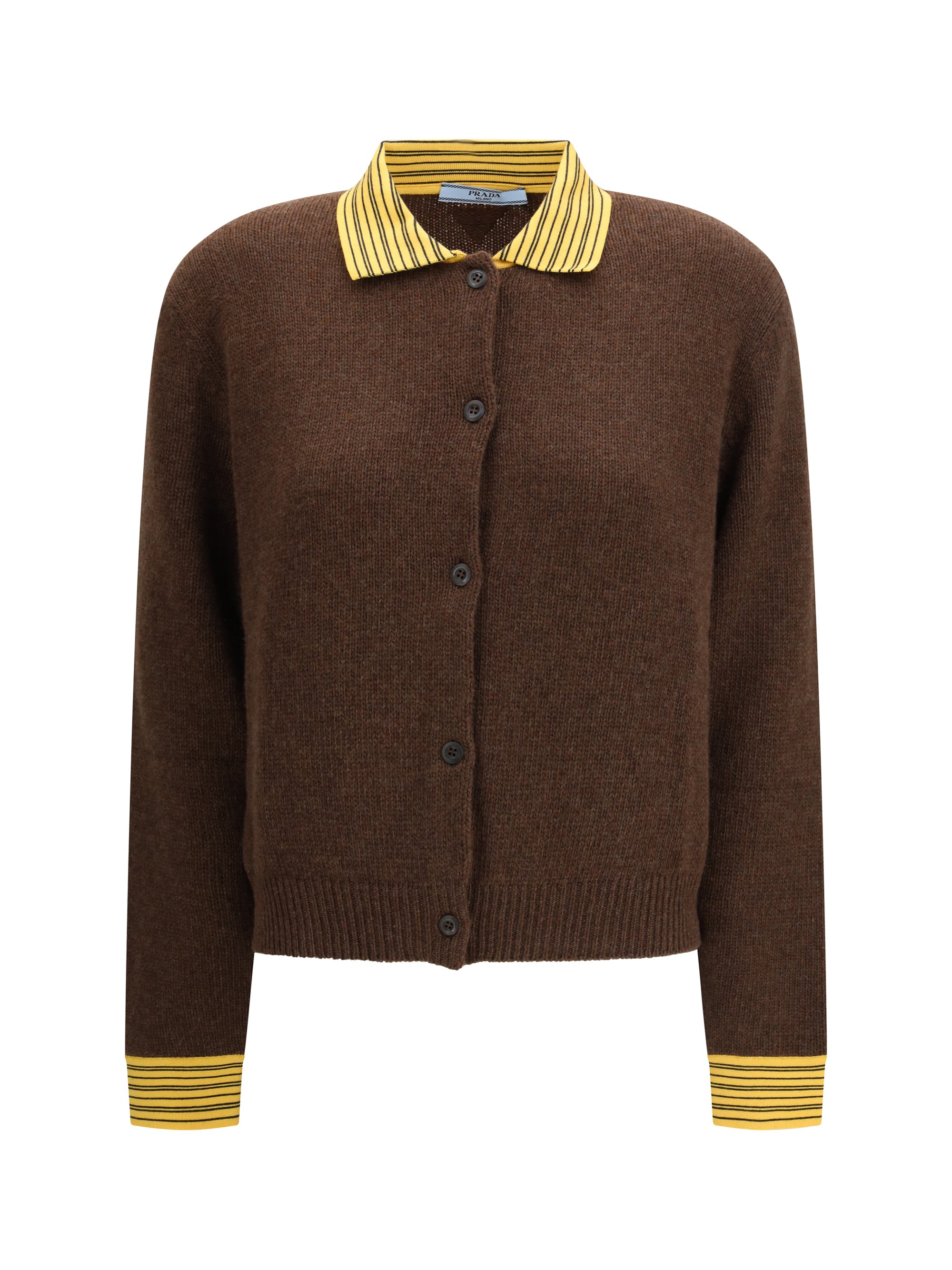 Contrast Striped Collar and Cuffs Cardigan — Brown