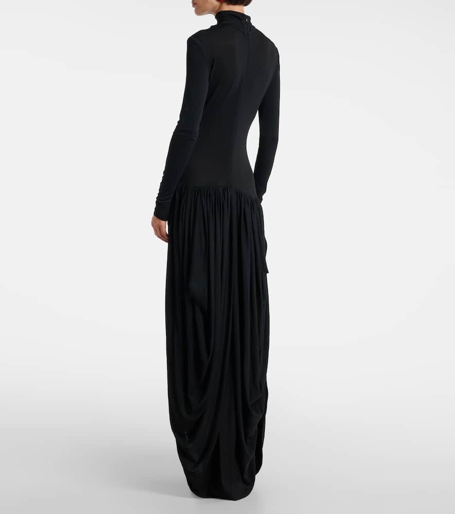 Asymmetric pleated turtleneck maxi dress