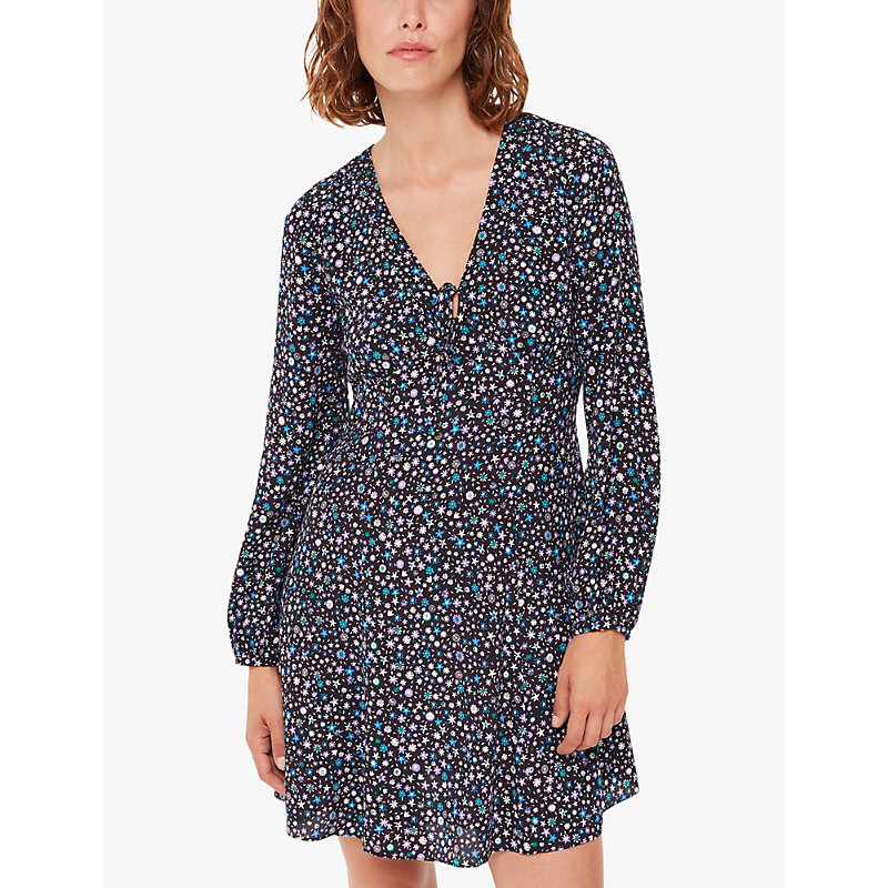 Womens Black/White/Blue Painted Garden Floral-print Woven Mini Dress