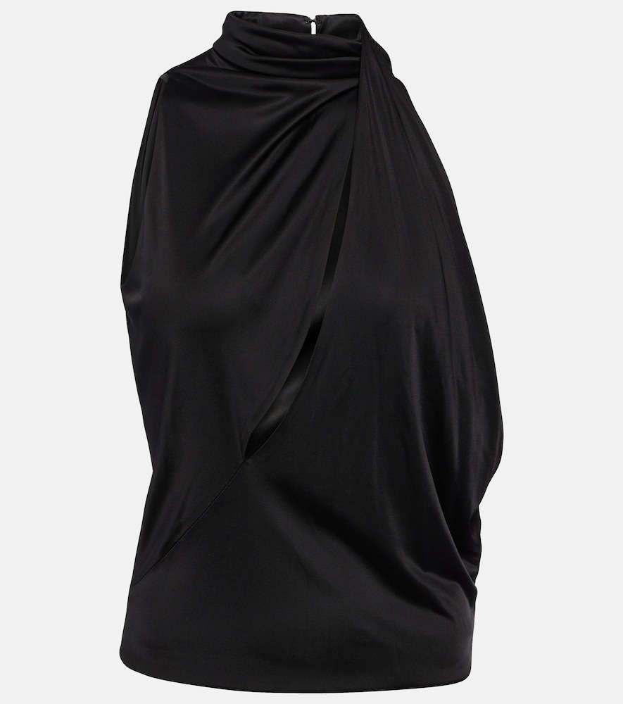 Cutout turtleneck satin top