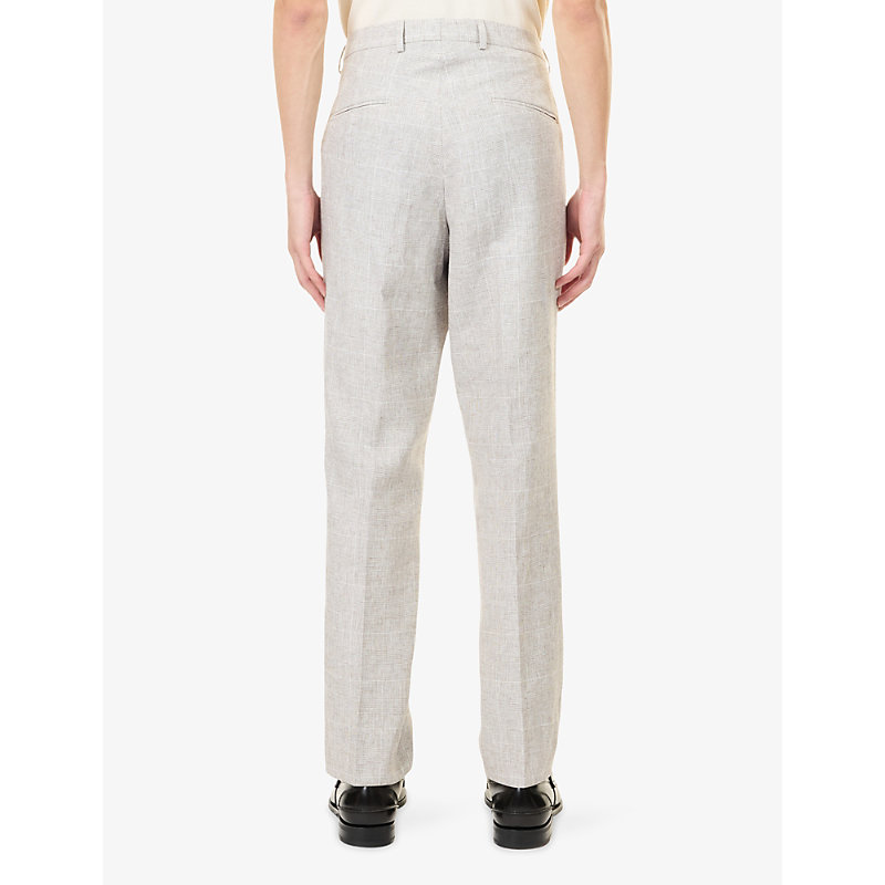Mens Checked Regular-Fit Linen-Blend Trousers