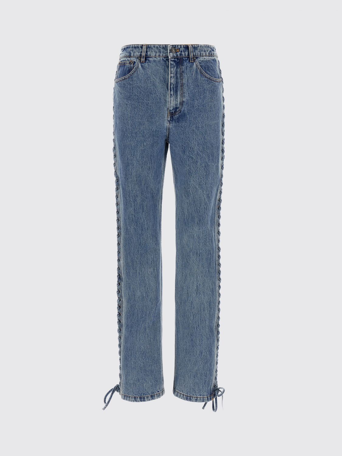 High-Waisted Straight Jeans in Denim with Woven Straps