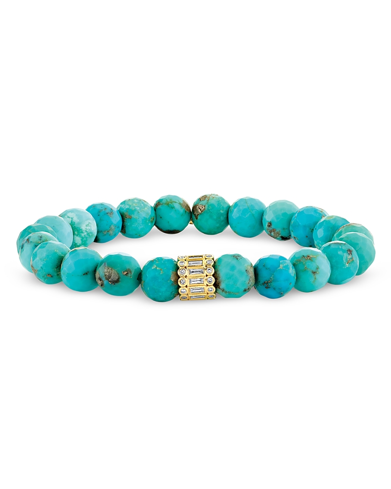 14K Yellow Gold Matrix Turquoise & Diamond Beaded Stretch Bracelet