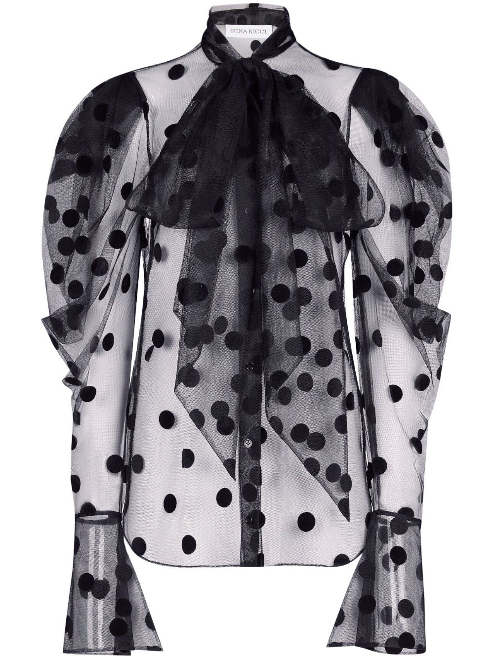 Polla-dot embroidered tulle shirt - Black