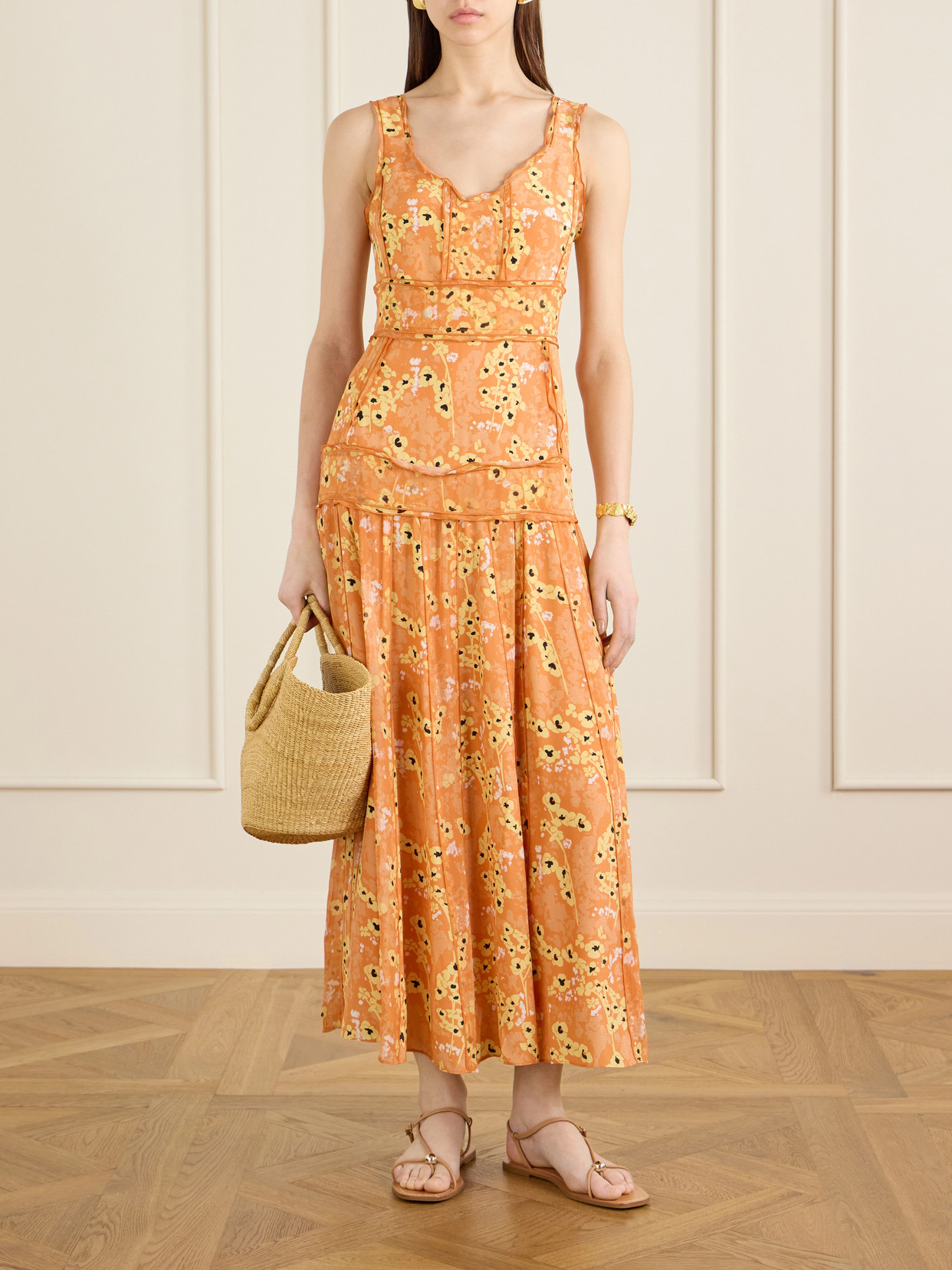 Panelled Printed Silk Maxi Dress - Orange