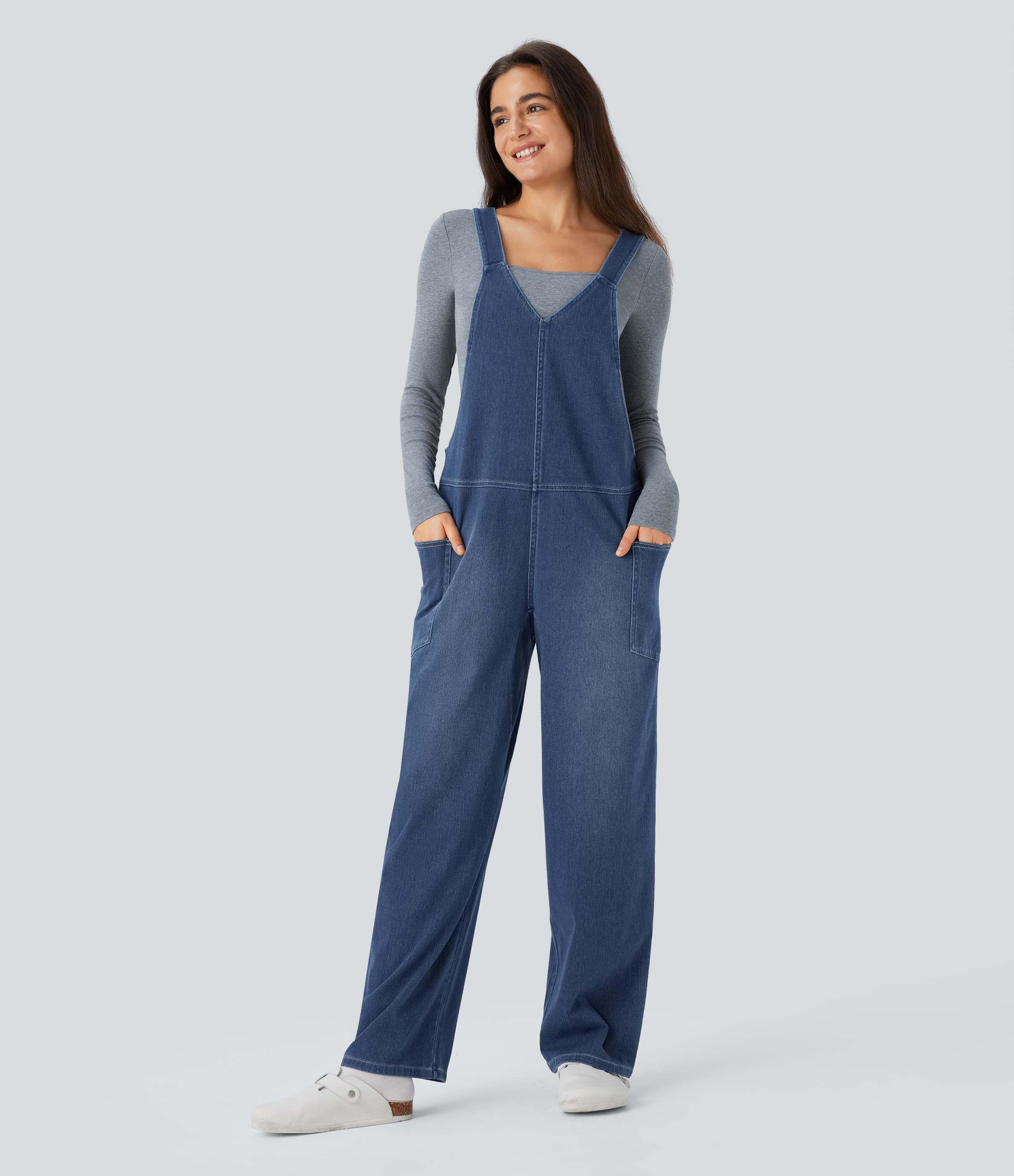 Flex™ V Neck Pocket Washed Denim Casual Overalls  - Frost Blue Denim