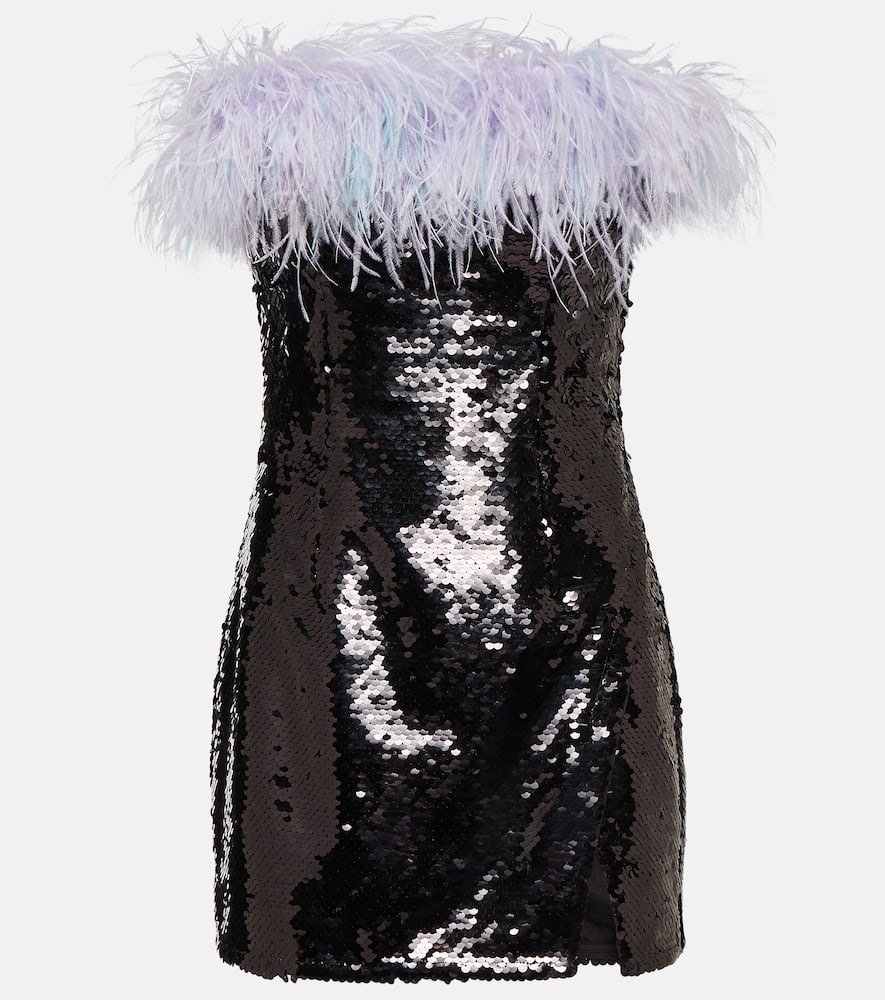 Self-Portrait Feather-trimmed sequined minidress