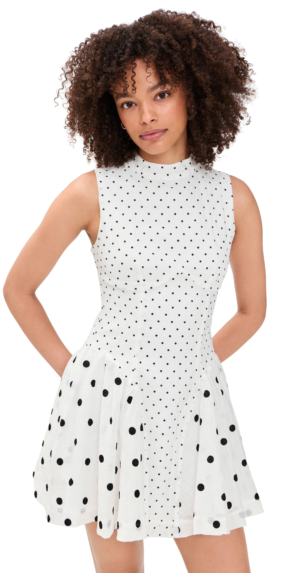 Polka-Dot Mix Gathered Hip Mini Dress White