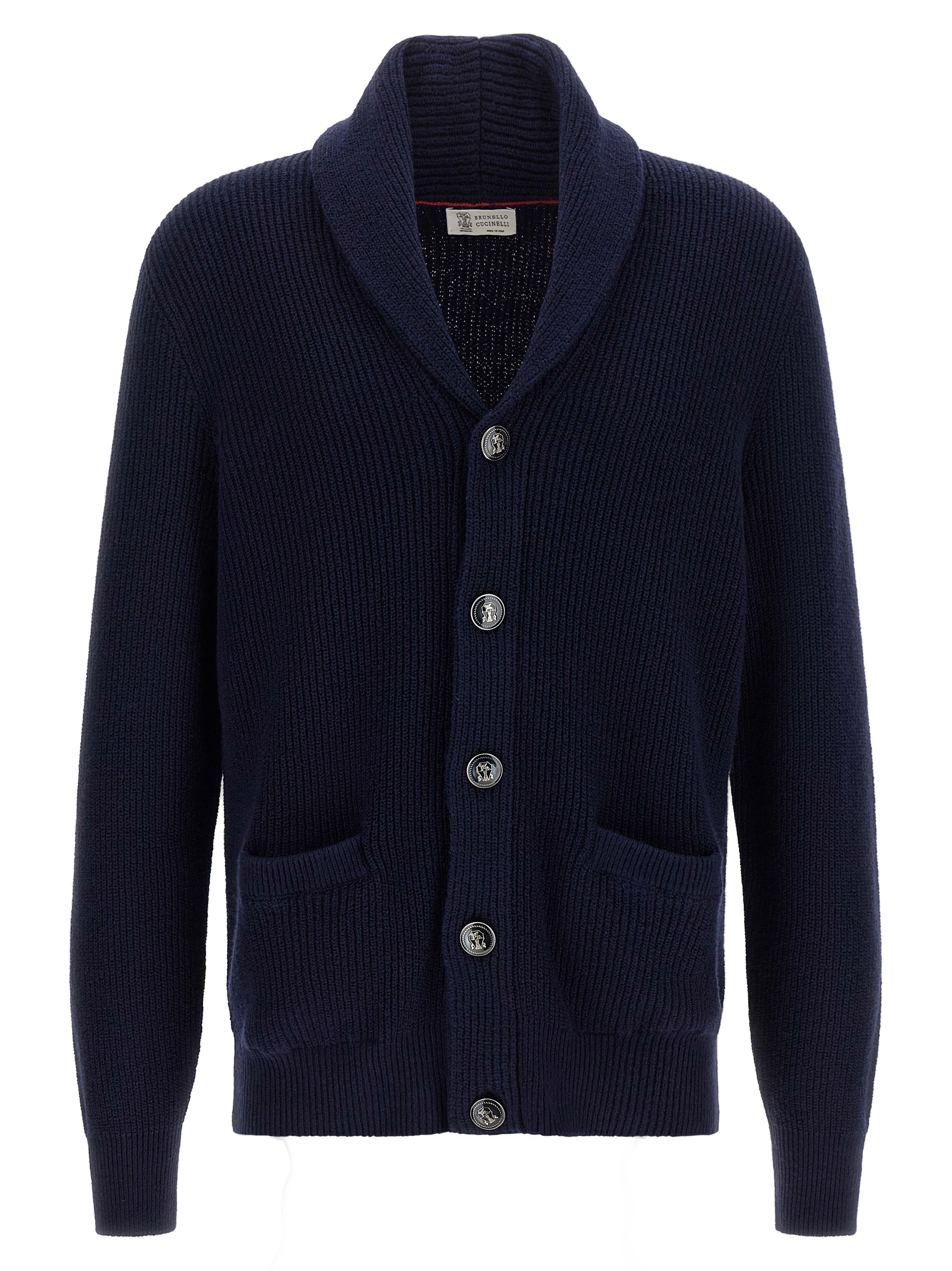 Ribbed Cotton Shawl-Neck Cardigan — Navy