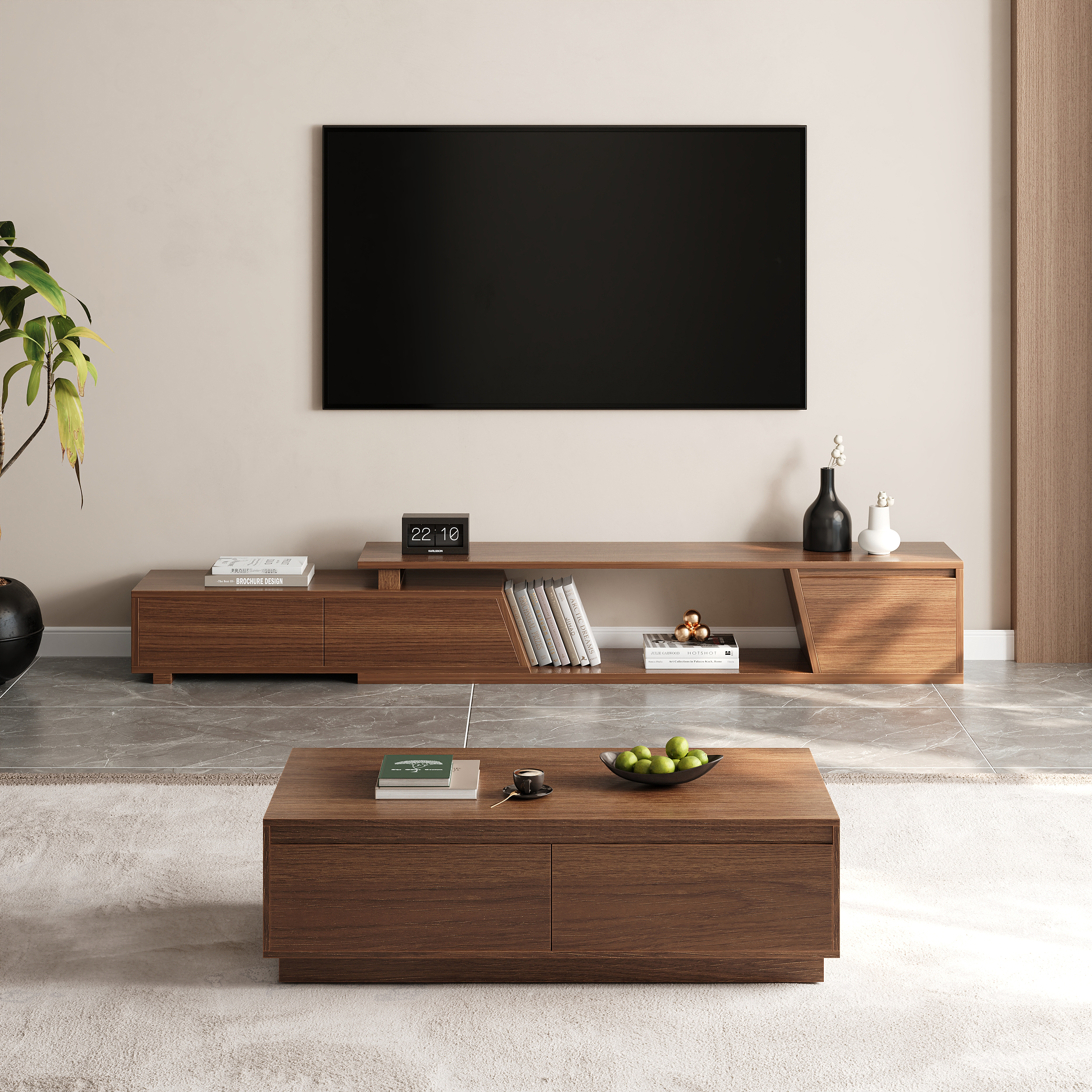 47" Walnut Coffee Table Rectangular Block Living Room Table with Storag Walnut Rectangle Extendable TV Stand with 3 Drawers Up to