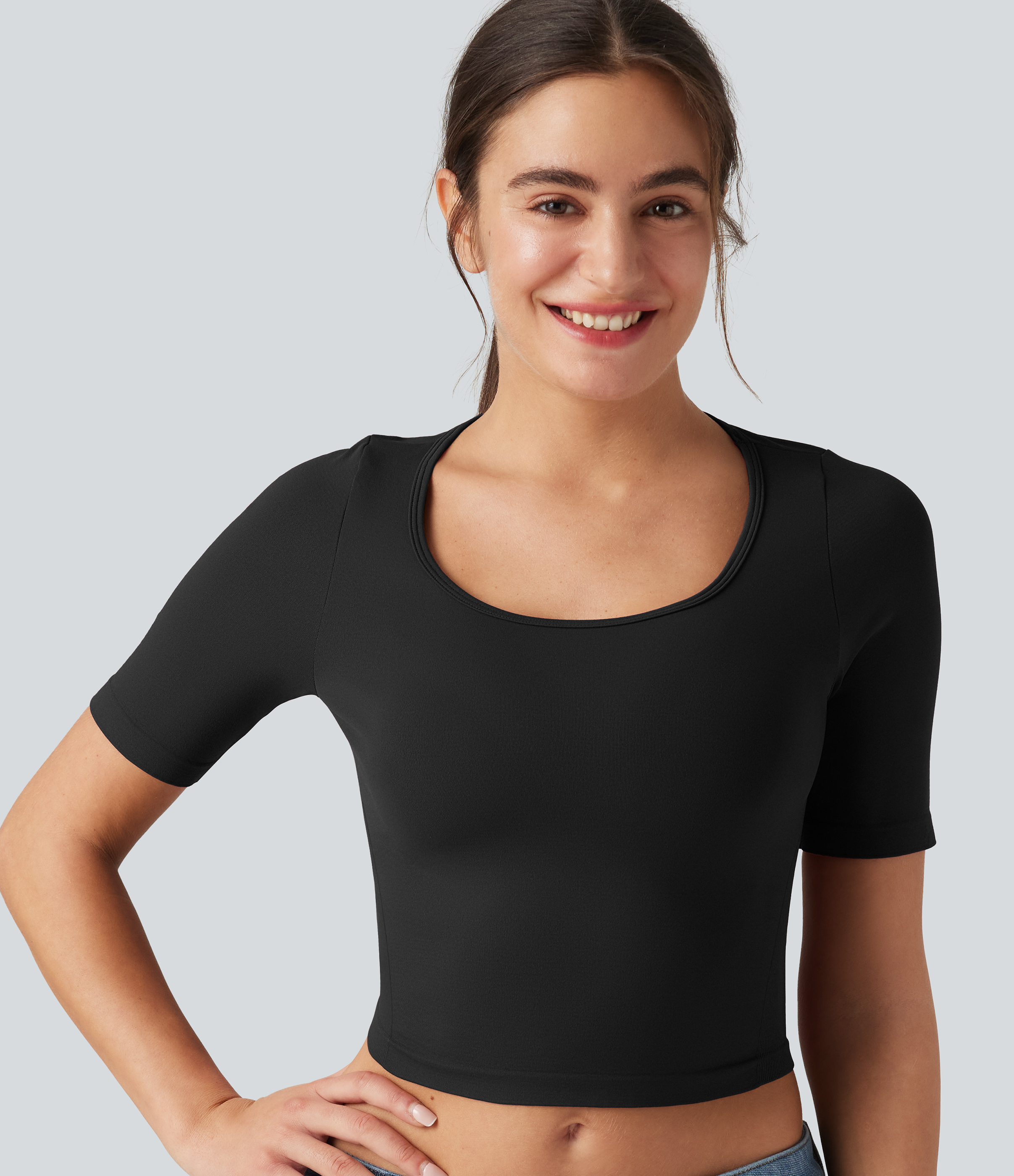 Halara OneForm Seamless Flow Scoop Neck Short Sleeve Yoga Sports Top - Black