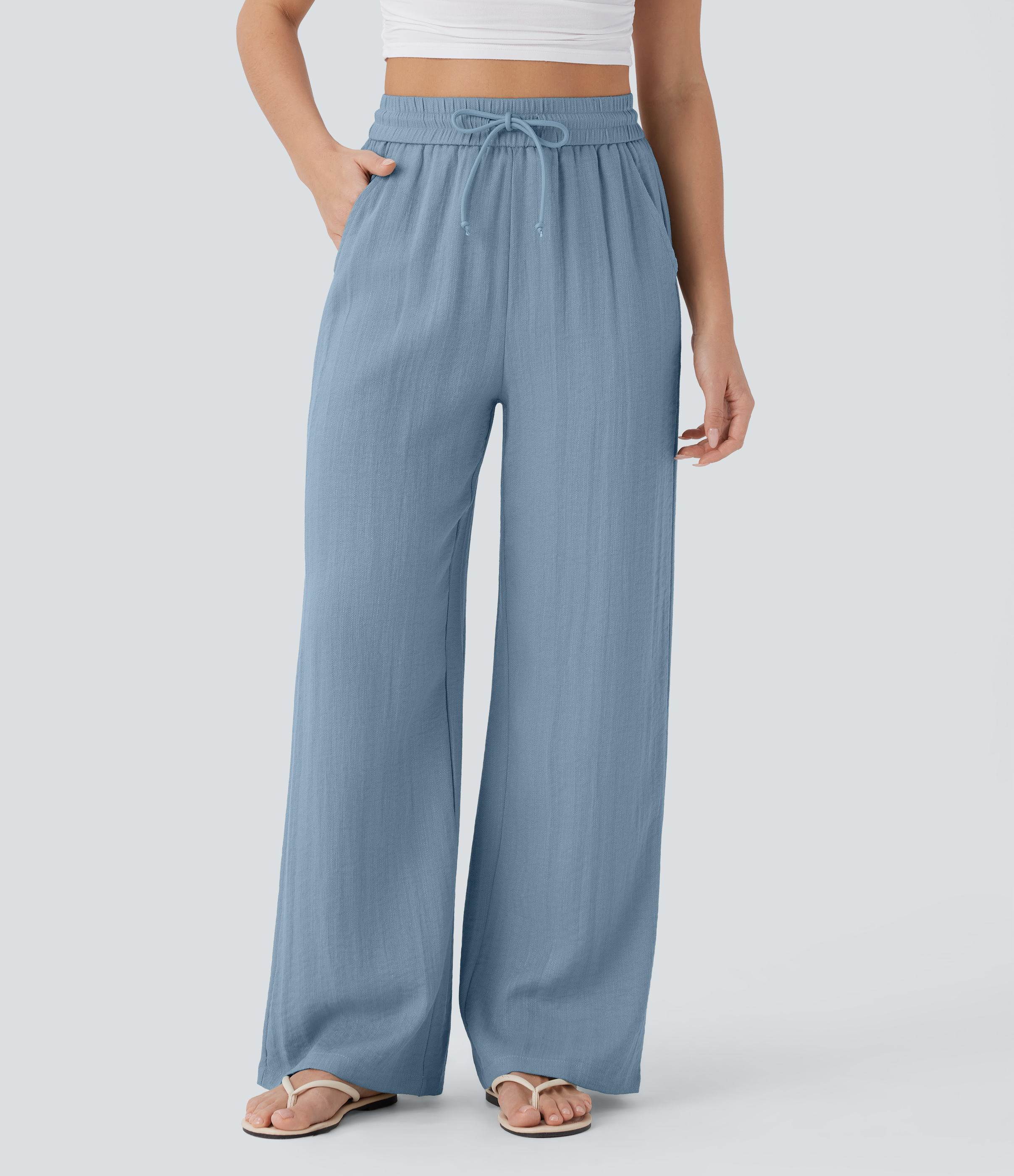 High Waisted Drawstring Pocket Wide Leg Casual Linen-Feel Pants  - Mountain Spring