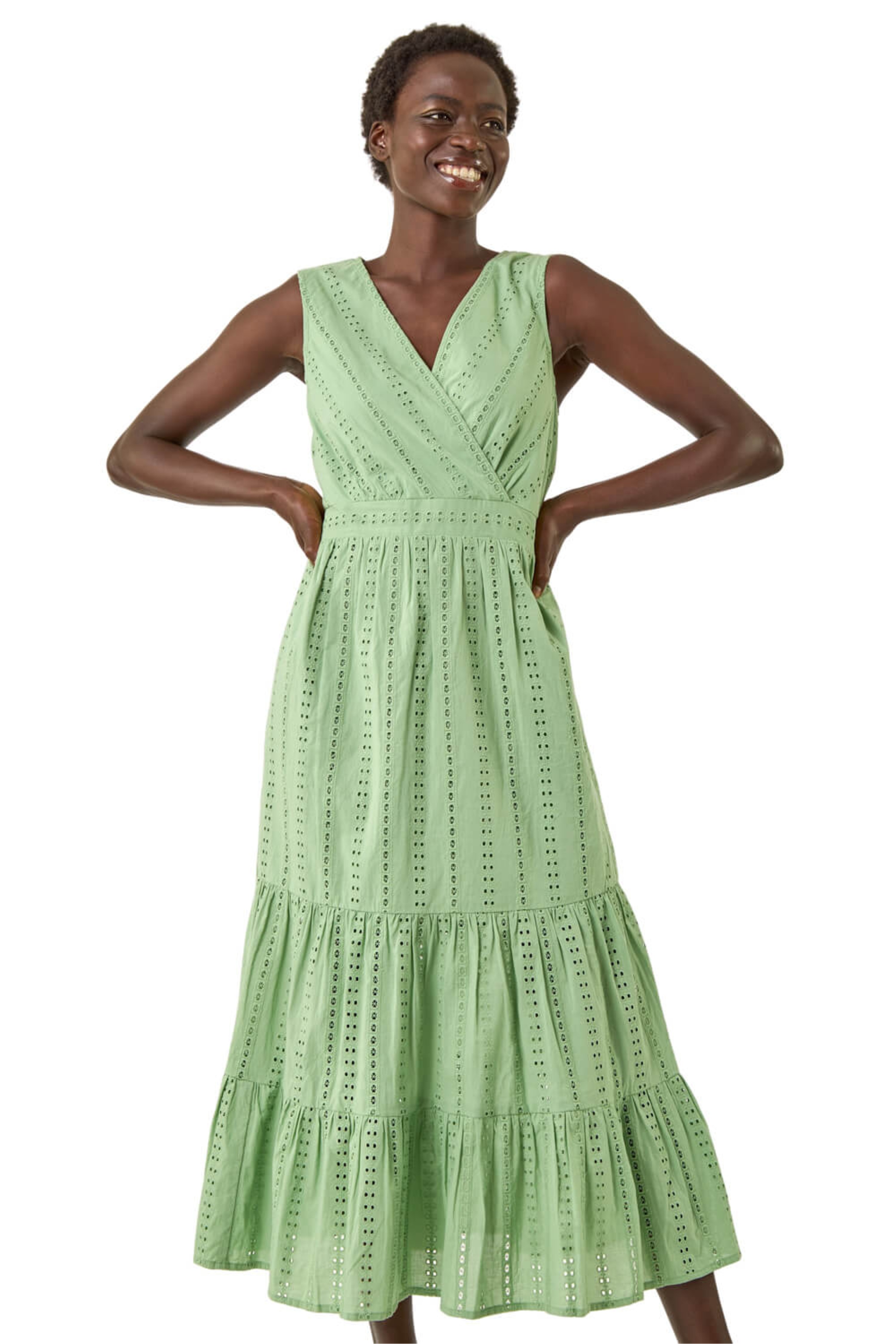 Roman Womens Embroidered V-Neck Midi Dress - Green