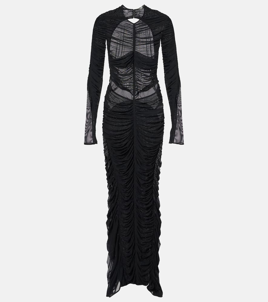 Ruched open-back mesh gown