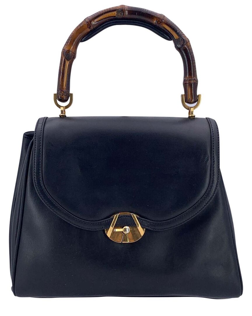 Black Leather Bamboo Top Handle Handbag (Authentic Pre-Loved)