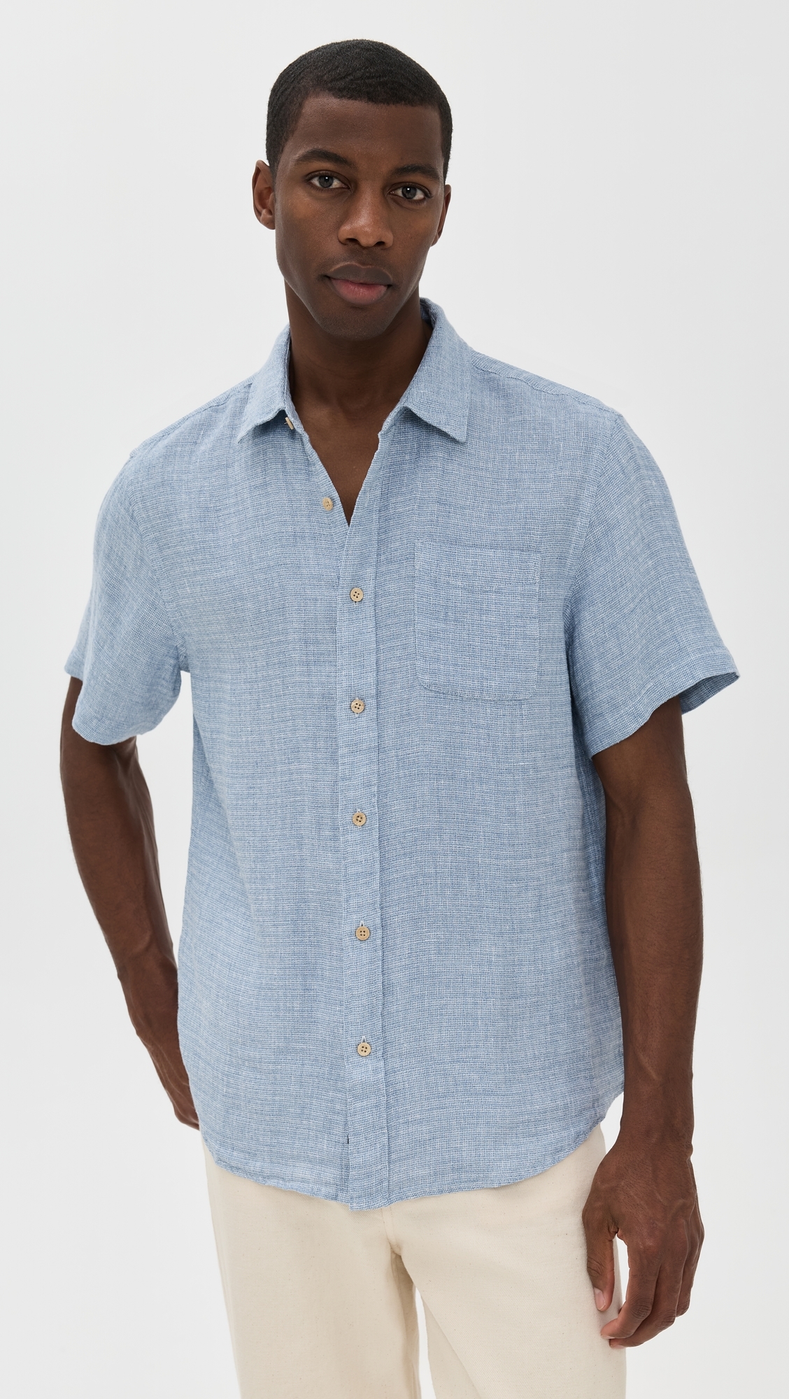 Faherty Palma Basket Weave Linen Shirt Blue