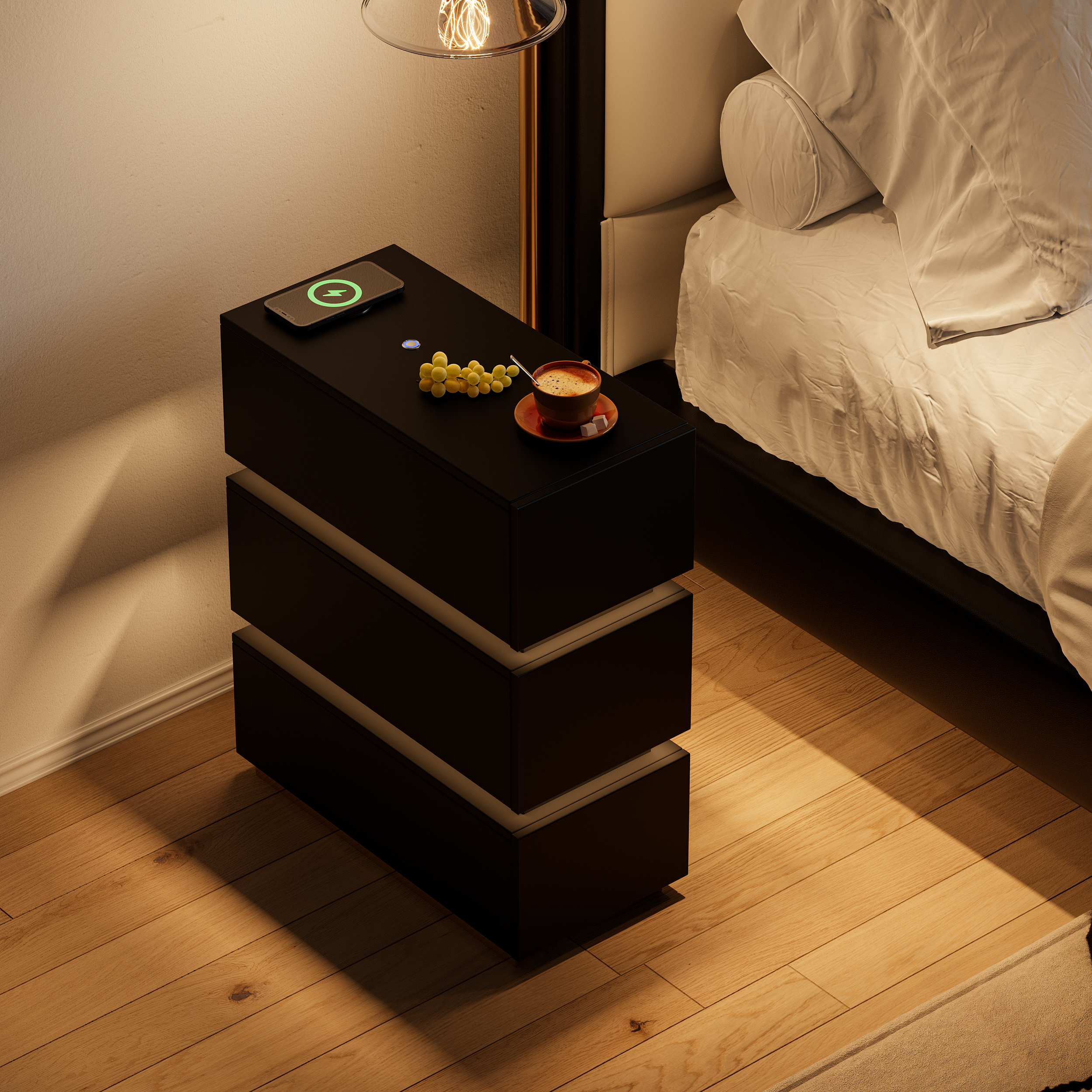 Smart LED Nightstand Wireless Charging Station Wood Bedside Table with Light Modern